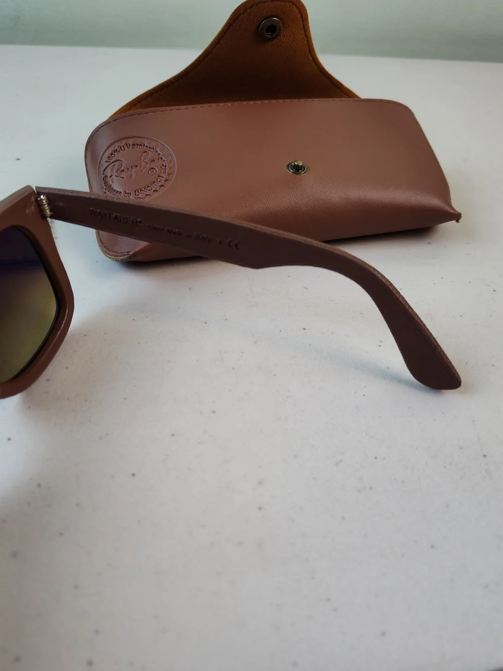 Ray-Ban Men’s Brown Leather Wrapped Sunglasses with Brown Lenses
